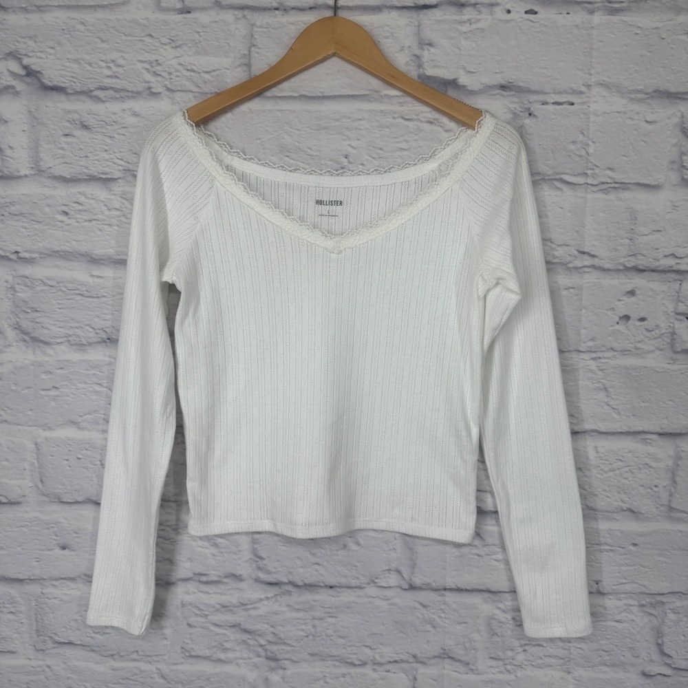 Hollister Long‎ Sleeve Top Size Large Off White Lace Trim Pointelle Ribbed